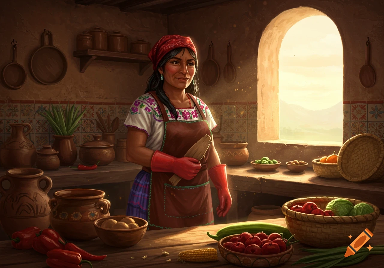 An Indigenous Mexican woman in a rustic kitchen, wearing a red bandana, apron, and red gloves, surrounded by pottery and produce.