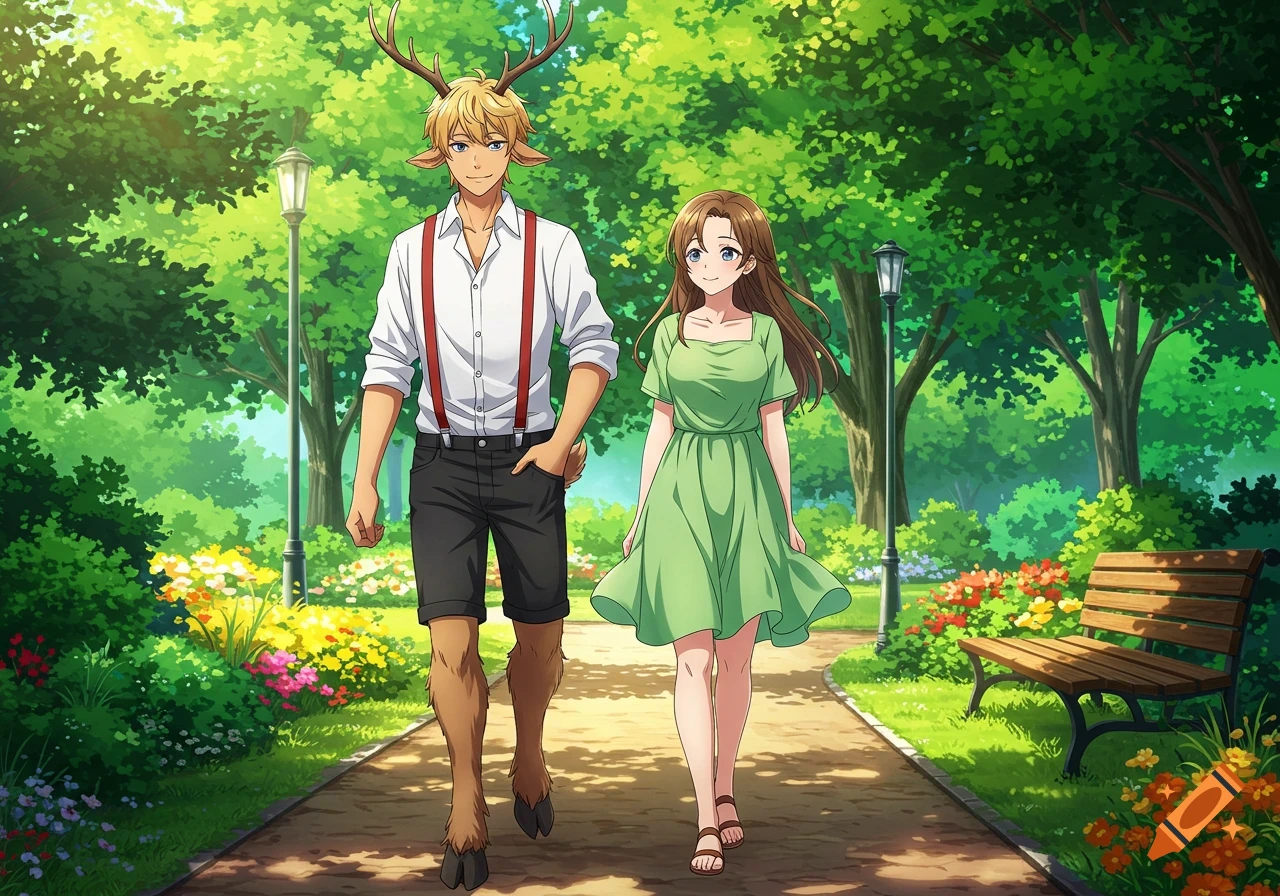 An anime-style satyr with antlers and his girlfriend walk hand-in-hand through a vibrant green park with blooming flowers.