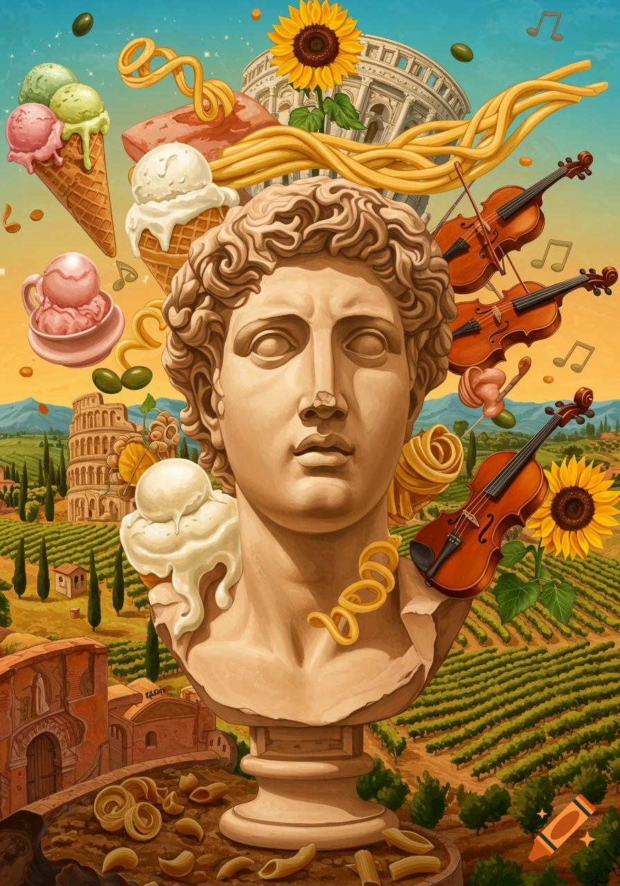 Surreal collage of Italian cultural elements, including a classical bust, pasta, ice cream, violins, sunflowers, and the Colosseum.