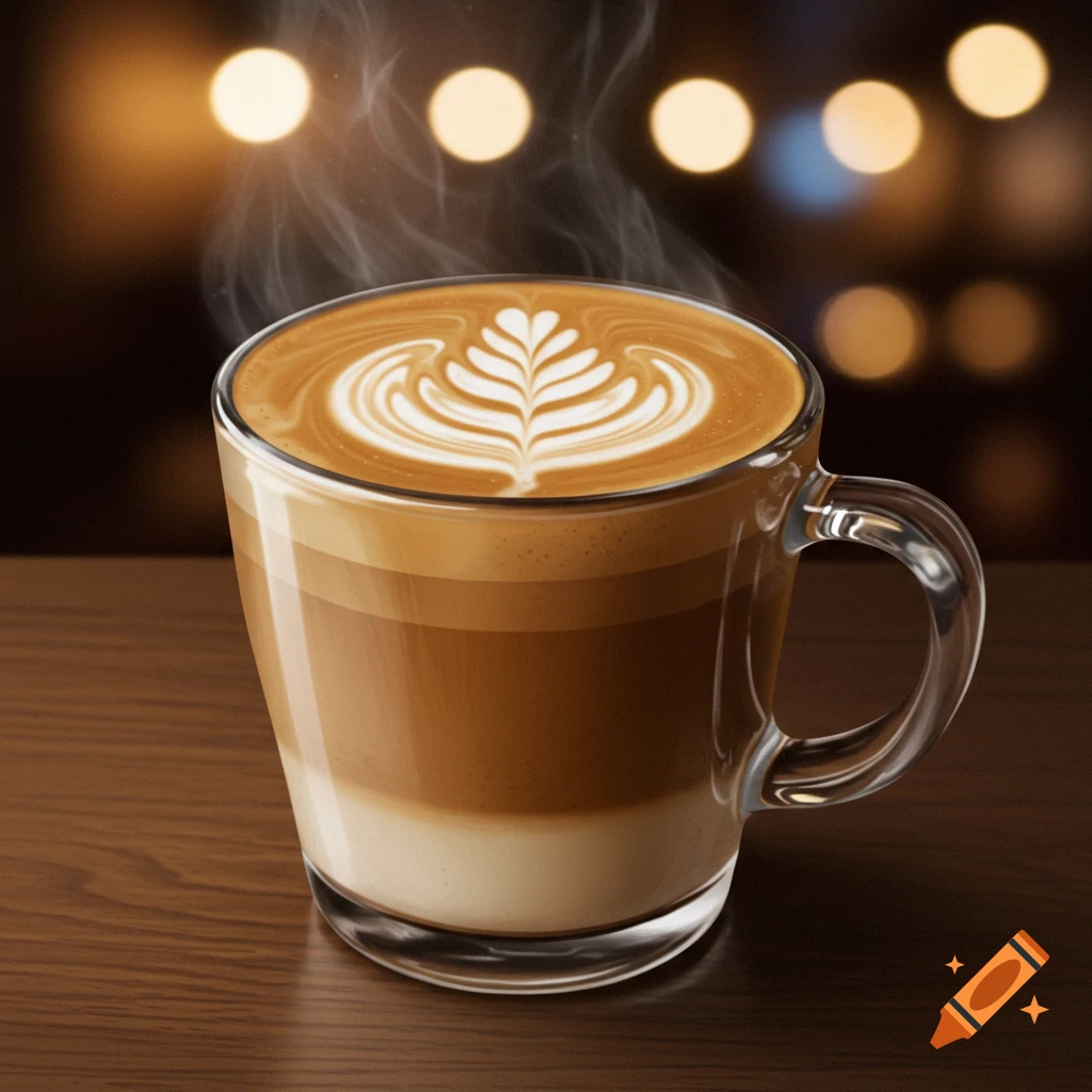 A steaming latte with intricate leaf-shaped latte art in a clear glass mug on a wooden table, with blurred lights in the background.