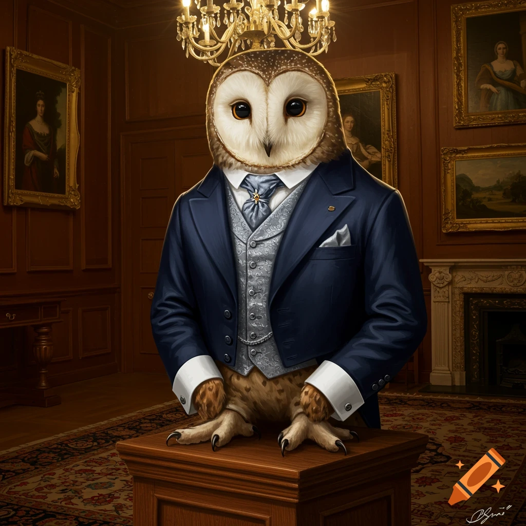 A detailed anthropomorphic barn owl in a blue suit and waistcoat stands on a wooden pedestal in an ornate, old-fashioned room.
