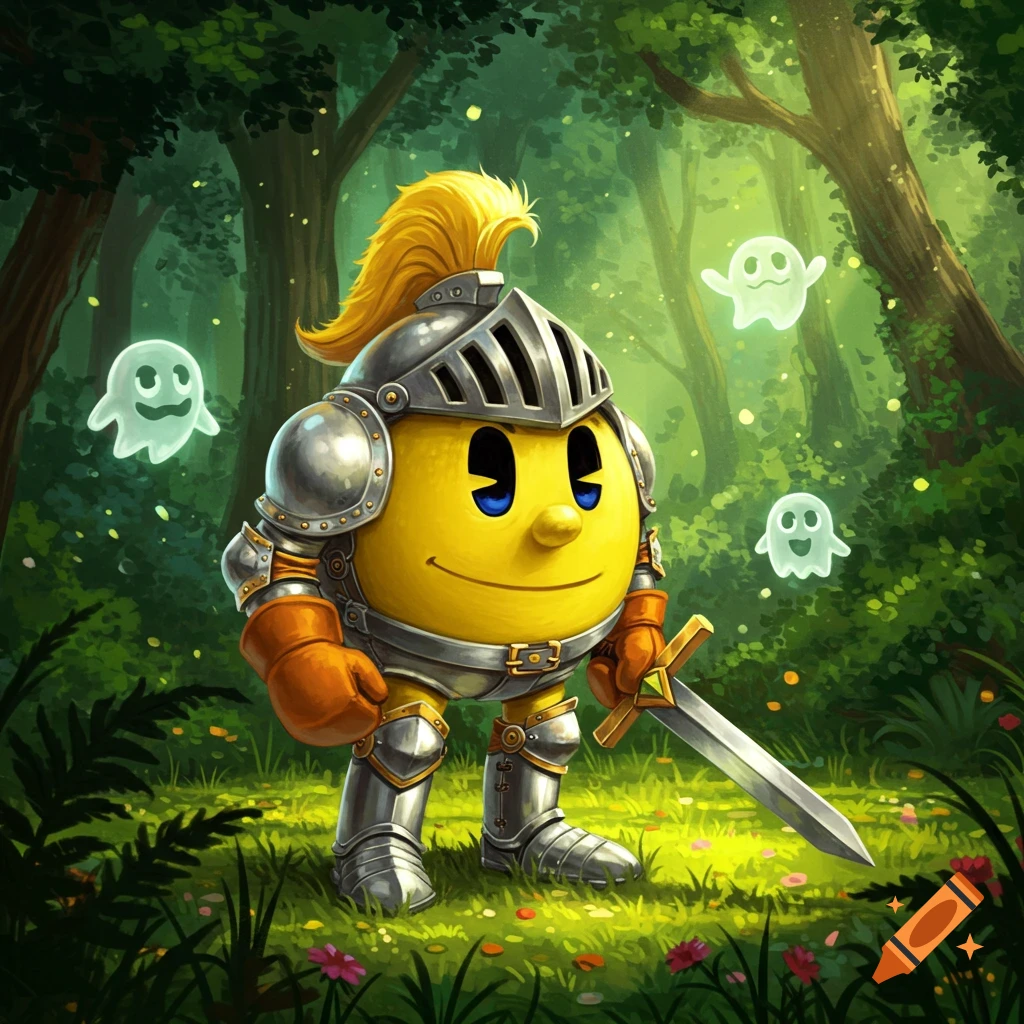 Pac-Man as a knight holding a sword, standing in a magical forest with three glowing ghosts floating around him.