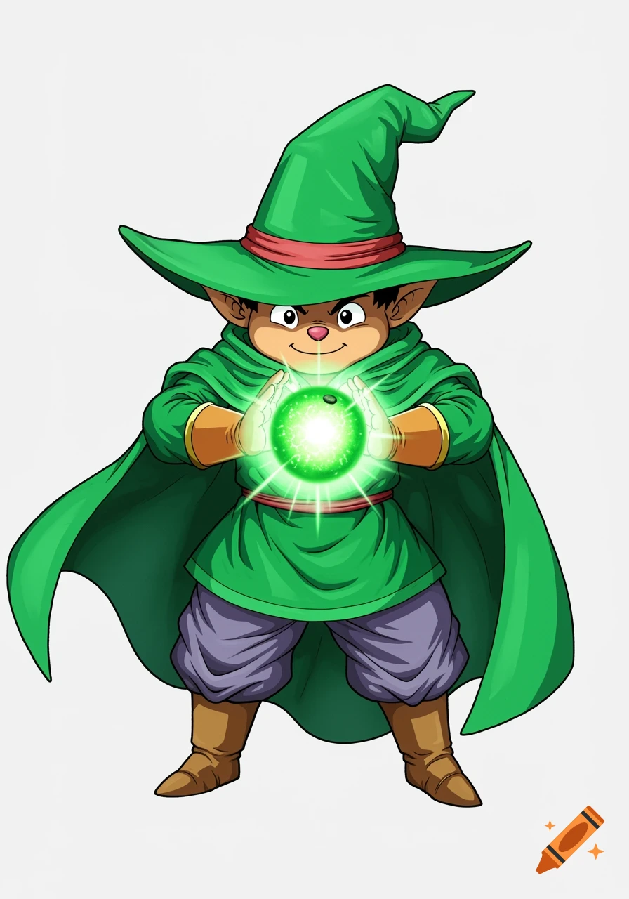 An anime character resembling Winnie the Pooh, dressed in a green wizard hat and cape, charges a glowing green energy ball with both hands on a white background.