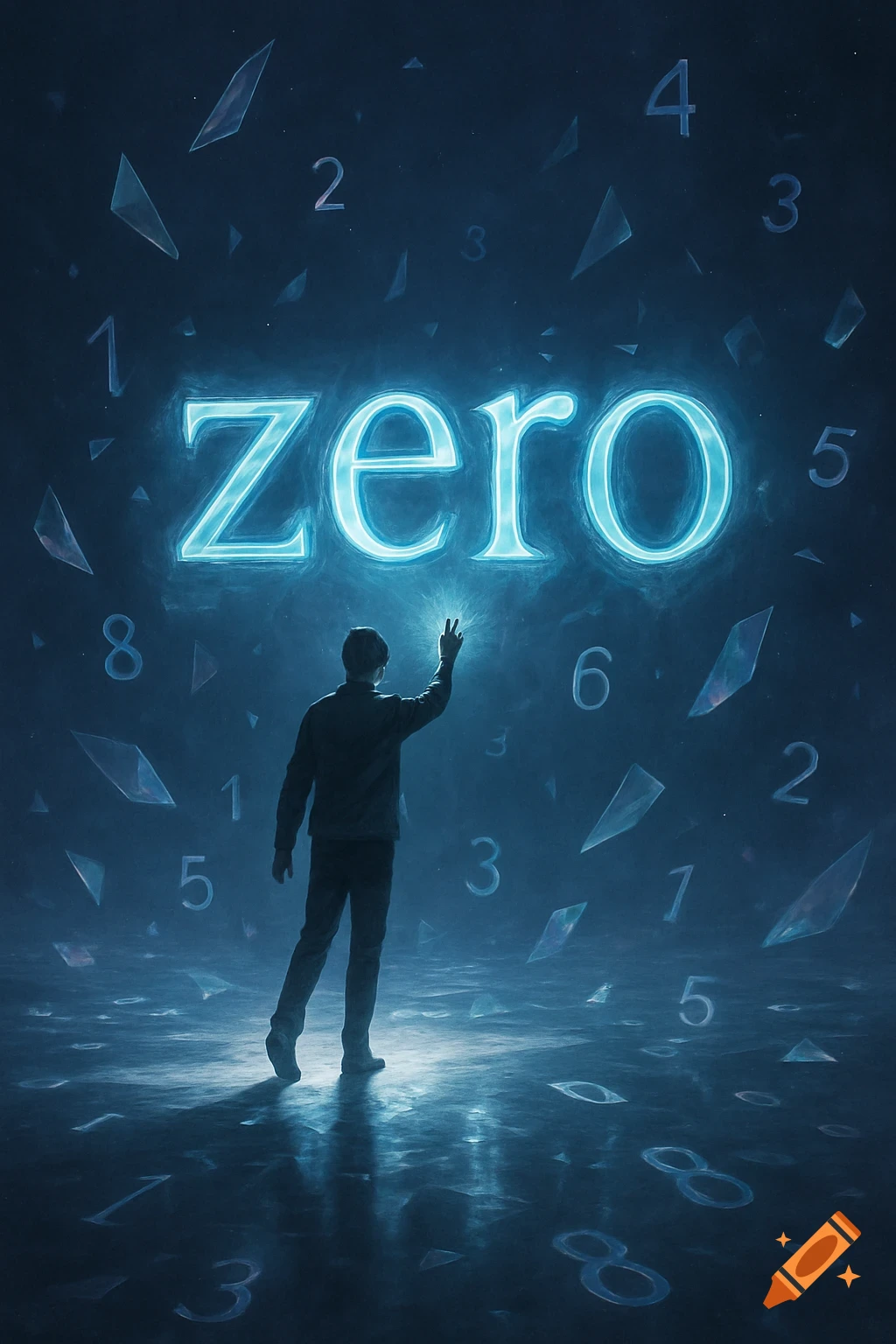 Person reaching for a glowing 'zero' in a dark, misty space filled with floating numbers and glass shards, digital art style.