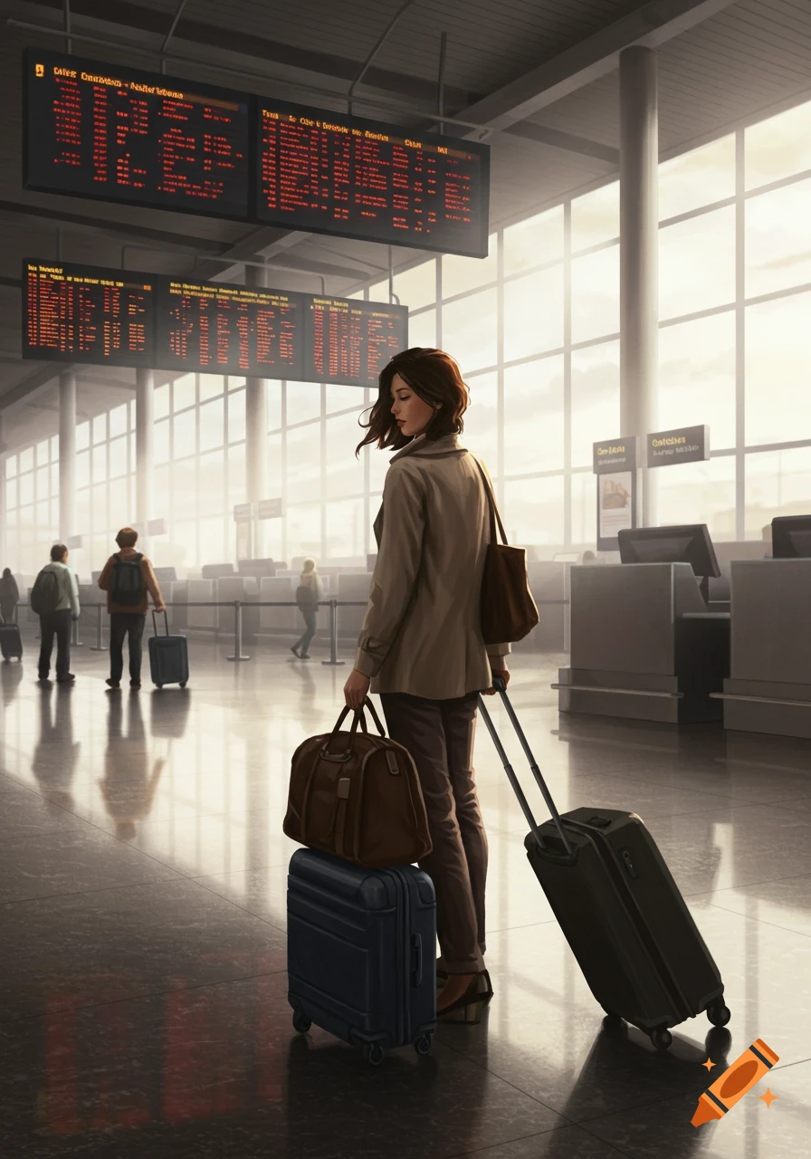 A woman with brown hair pulls a rolling suitcase and carries a duffel bag in a bright airport terminal.