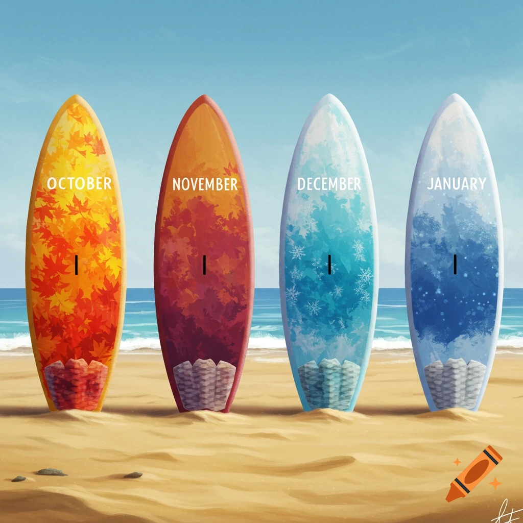 Four surfboards with seasonal designs for October, November, December, and January stand upright on a sandy beach with the ocean in the background. Each board is decorated with autumn leaves or winter snowflakes.