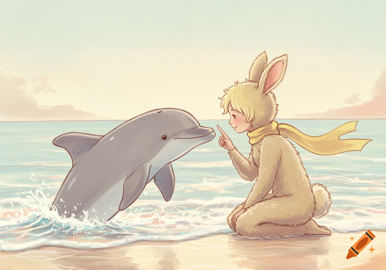 An illustration of a character in a rabbit suit kneeling at the shoreline, touching noses with a dolphin.