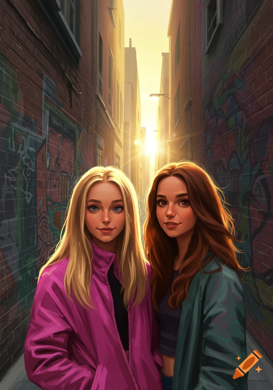 A digital art portrait of two young women, one blonde in a pink jacket and one brunette, standing in a graffiti-covered alley with sunlight in the background.