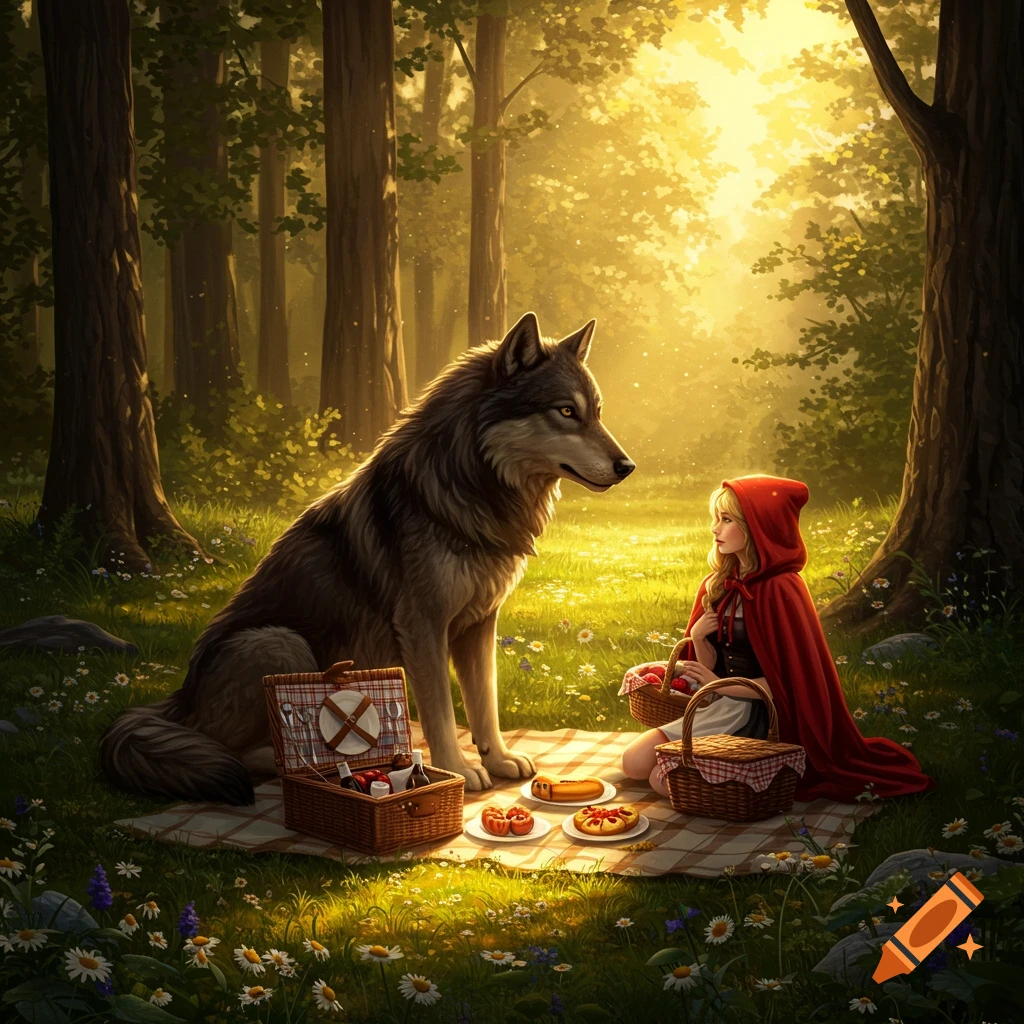 Little Red Riding Hood and a wolf have a picnic on a blanket in a sunlit forest, surrounded by flowers.