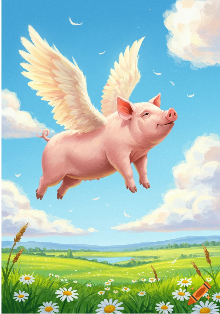 A pink pig with large white wings flies happily through a bright blue sky above a vibrant green field filled with white daisies.