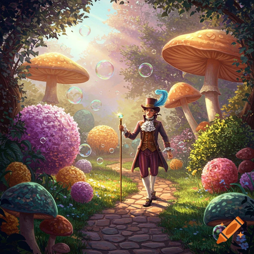 A whimsical illustration of a dandy in a top hat walking on a stone path through a colorful forest with large mushrooms and floating bubbles.