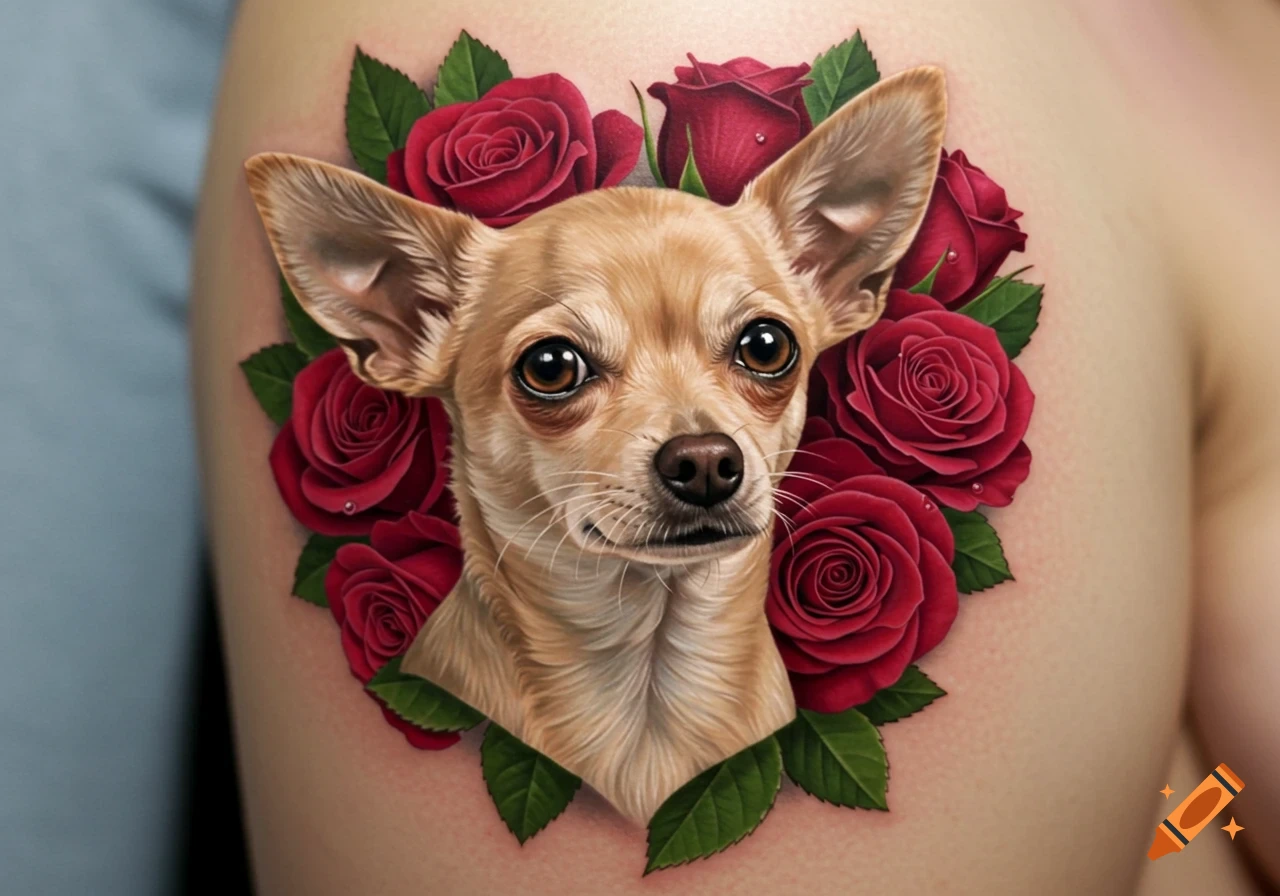 A realistic tattoo of a tan chihuahua's head surrounded by red roses and green leaves on skin.