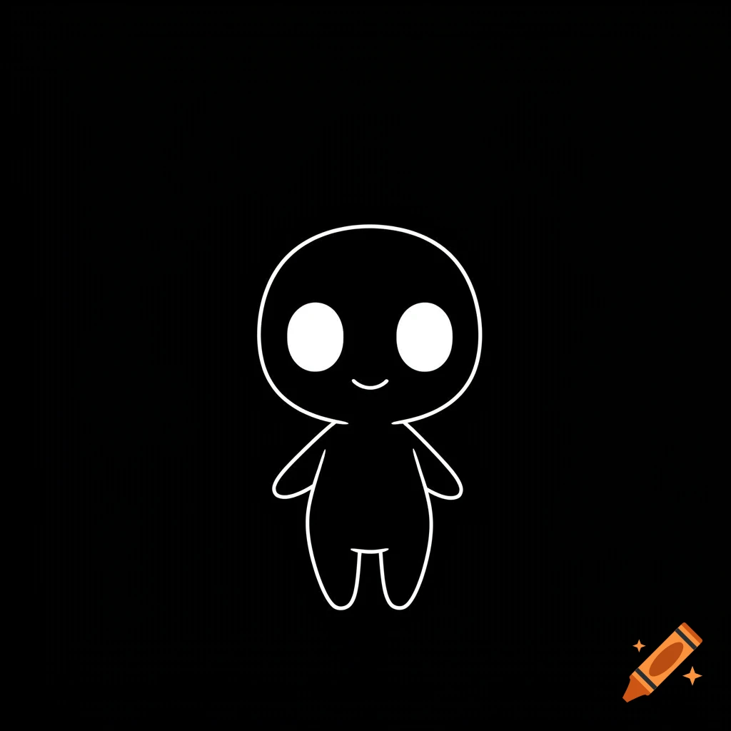 A white outline of a cute, smiling, round-bodied chibi character on a black background.