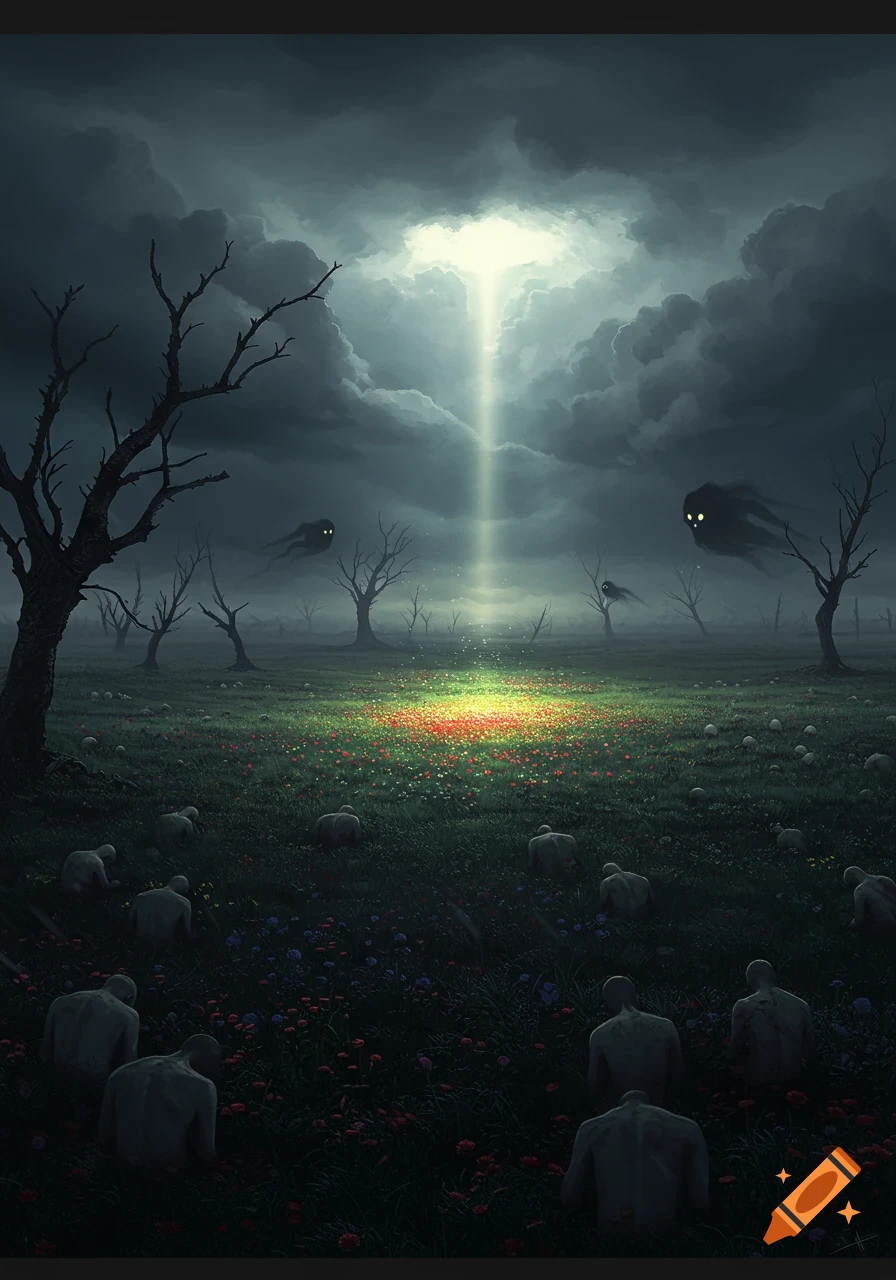 A dark, eerie field with bare trees, featureless figures, and shadowy creatures under a stormy sky with a bright light beam.