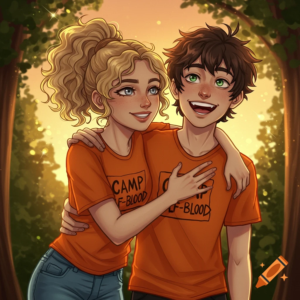 An anime-style illustration of a blonde girl hugging a boy with messy brown hair. Both wear orange 'Camp F-Blood' t-shirts in a sunny forest.