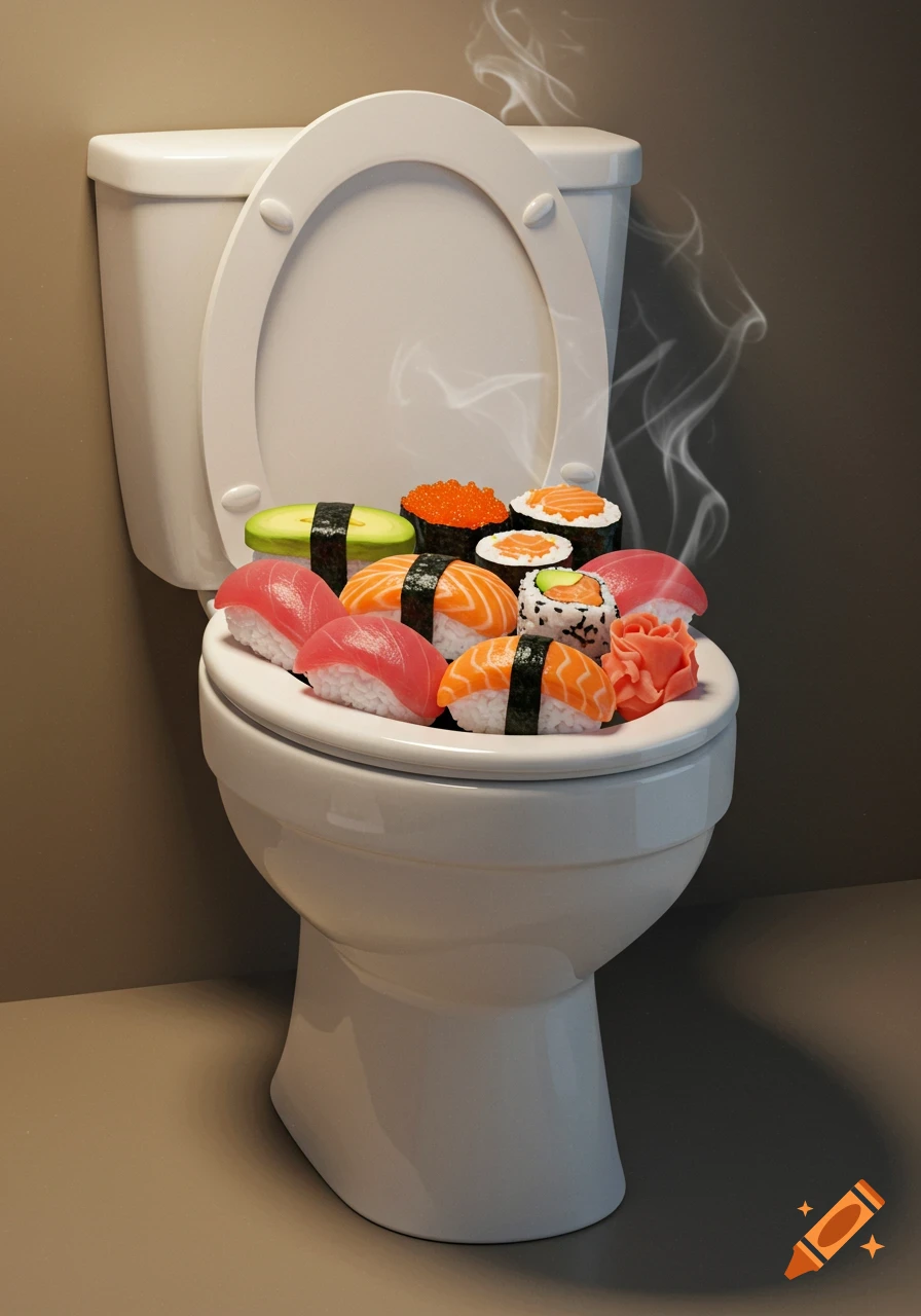 A white toilet filled to the brim with various pieces of sushi, with steam rising from it.