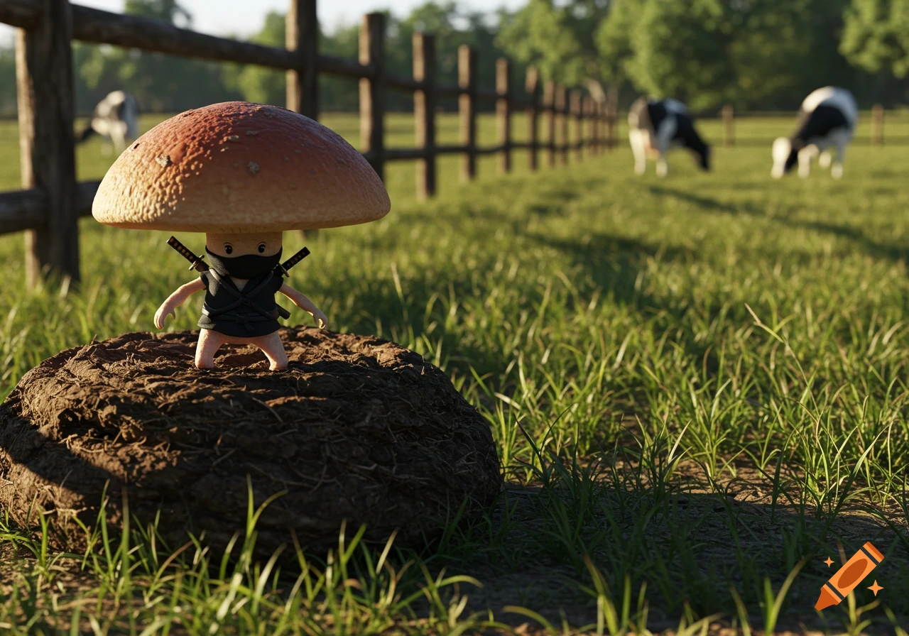 A cute, photorealistic ninja mushroom stands on a mound of dirt in a sunny green pasture with cows grazing in the background.