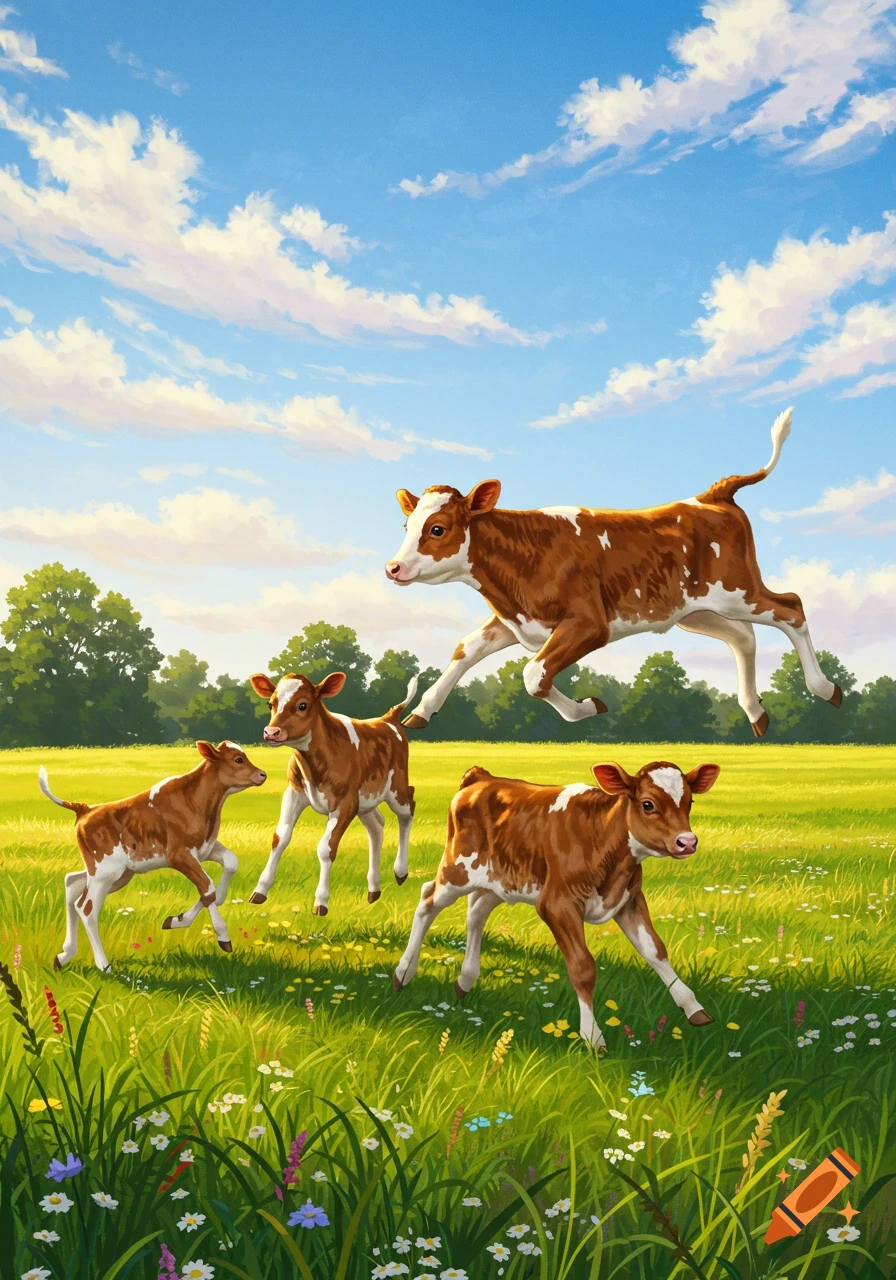 Four playful brown and white baby calves jump and run across a vibrant green grassy field under a bright blue sky with clouds.
