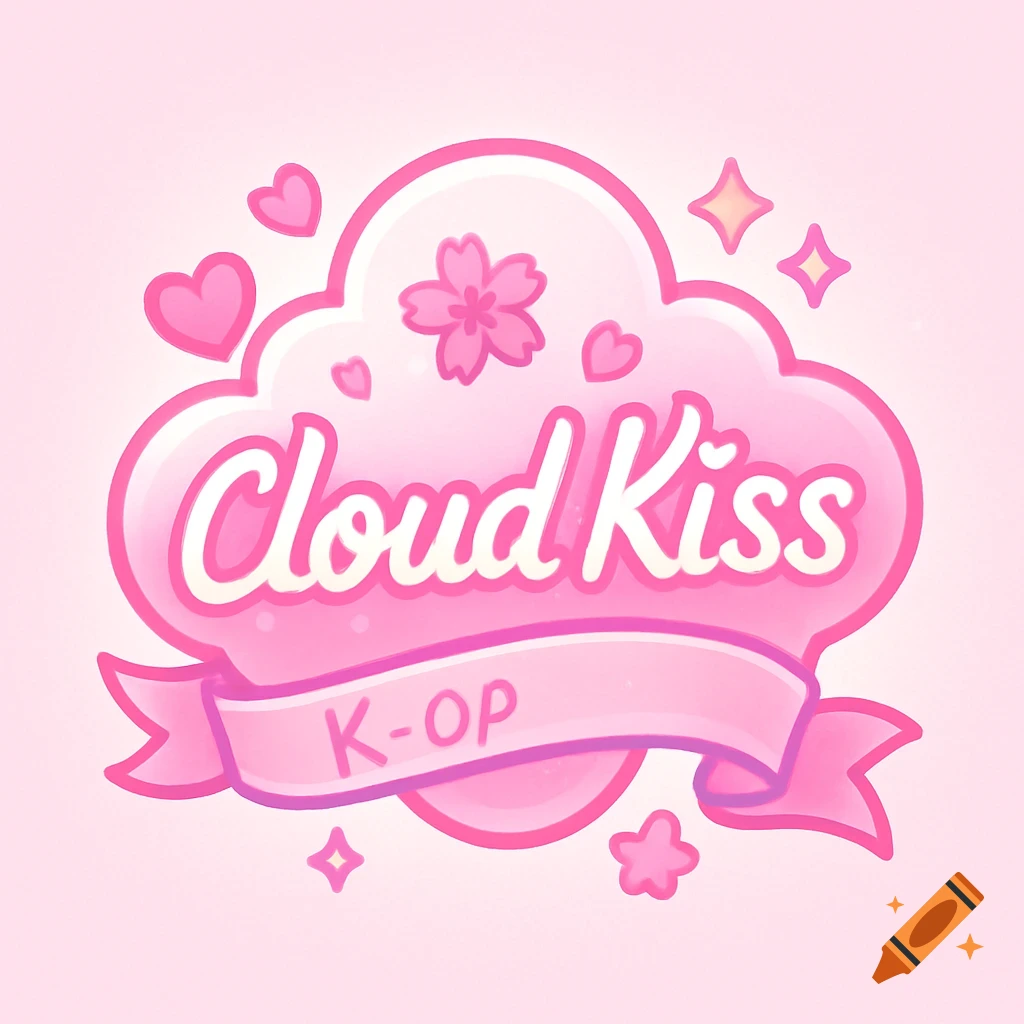 A pink logo for a K-pop group called Cloud Kiss, featuring a cloud, hearts, and a cherry blossom, with a banner below reading 'K-OP'.