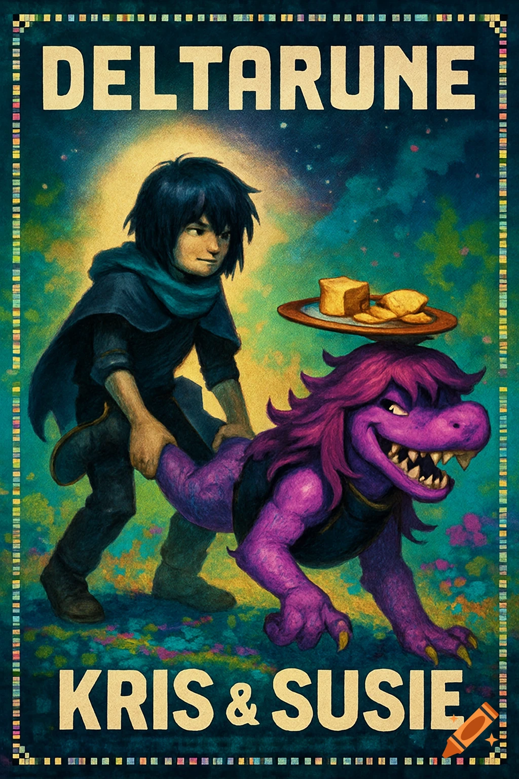 Deltarune movie poster featuring Kris pushing Susie, a purple monster, like a wheelbarrow while she balances cheese and crackers.