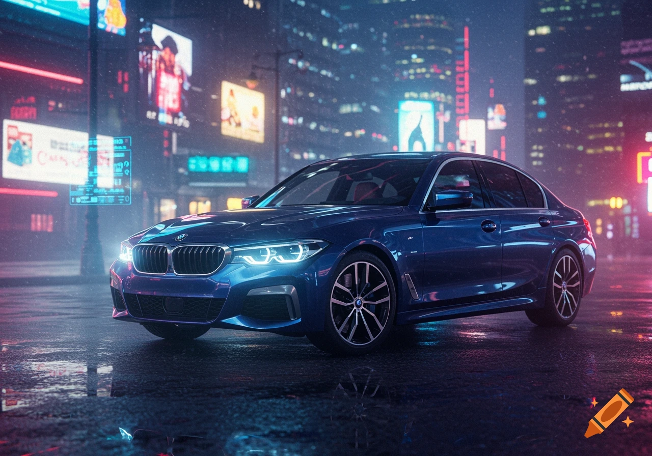 A blue BMW sedan parked on a wet city street at night, illuminated by neon lights and reflections.