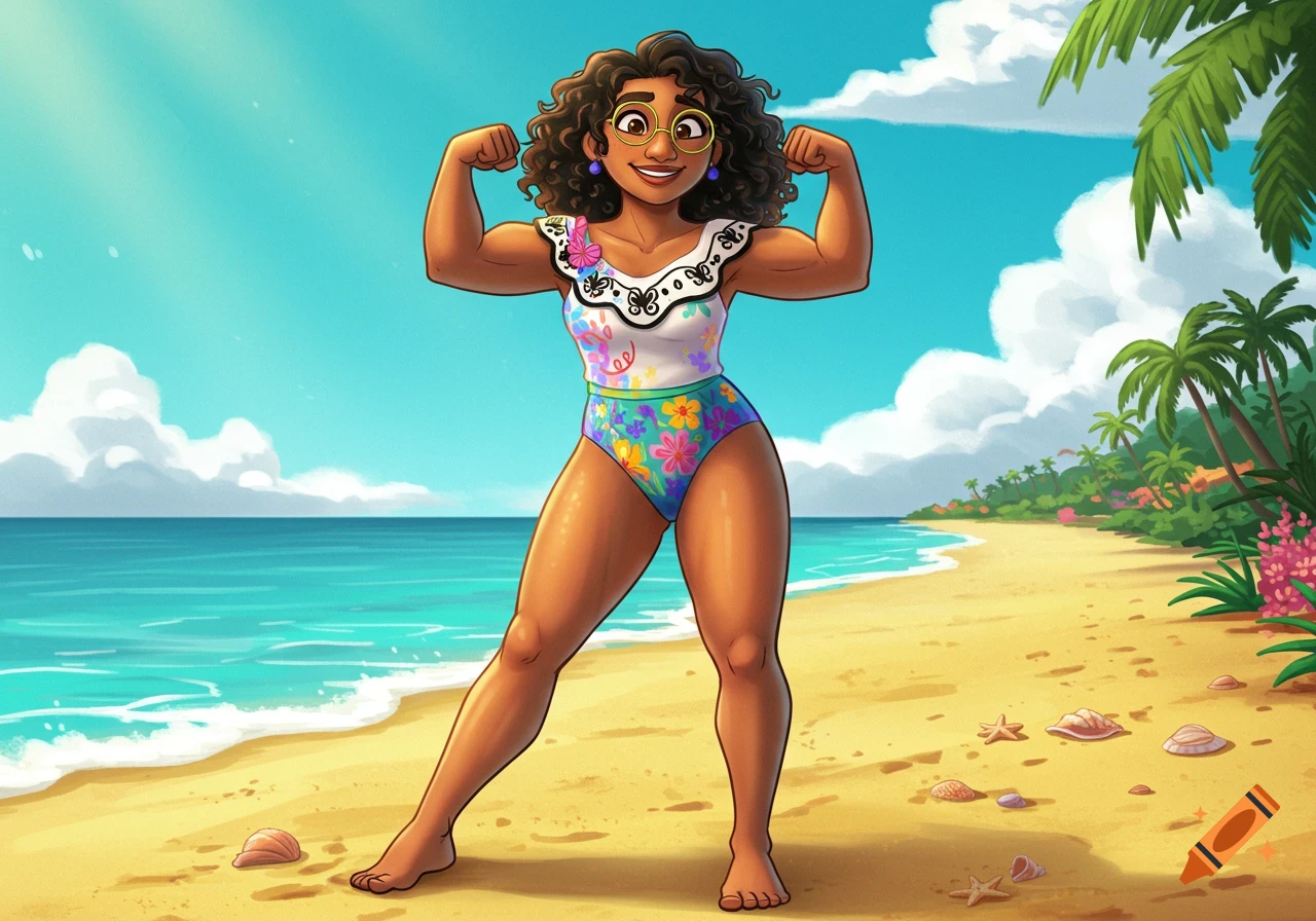 Cartoon Mirabel from Encanto flexes her muscles in a swimsuit on a sunny beach.