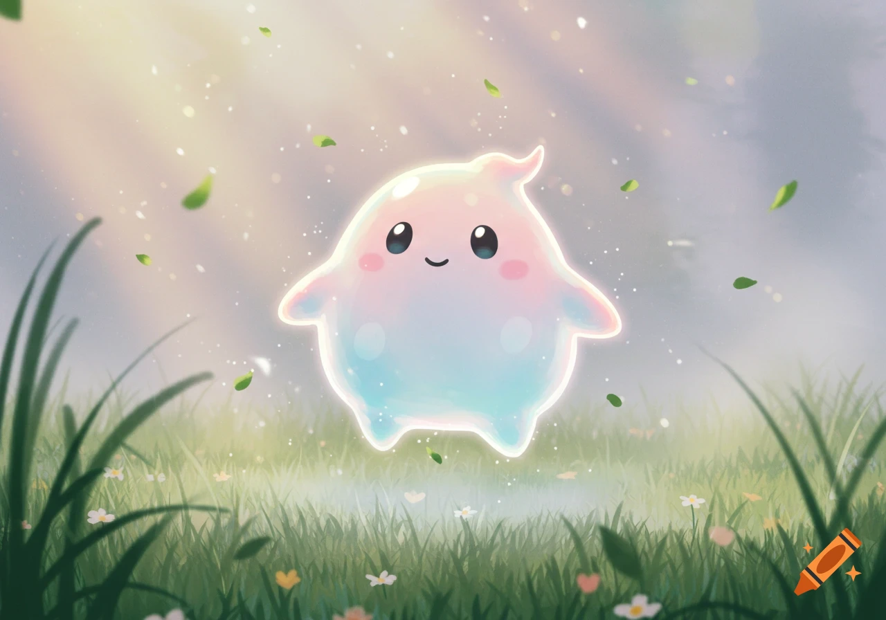 A cute, glowing, pastel-colored creature with big eyes floats above a grassy field with falling leaves and sunlight.