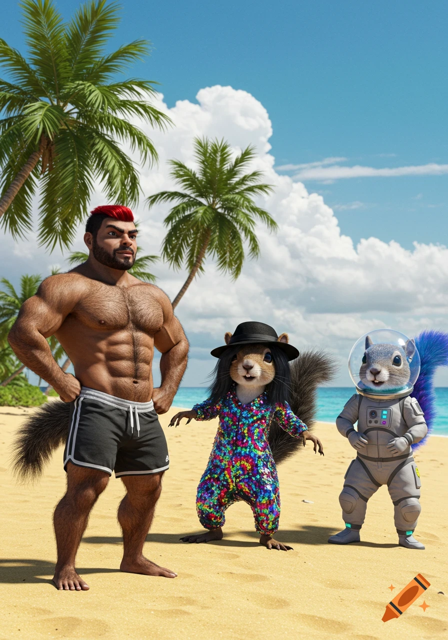A muscular man with a red streak in his hair, a squirrel in a sequin onesie, and a squirrel in a space suit stand on a sunny beach.