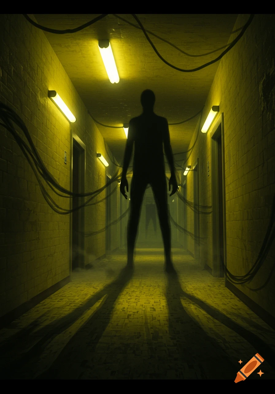 A tall, shadowy figure stands prominently in a long, dimly lit, narrow hallway illuminated by yellow fluorescent lights, with pipes hanging from the ceiling and a faint second figure in the distance.