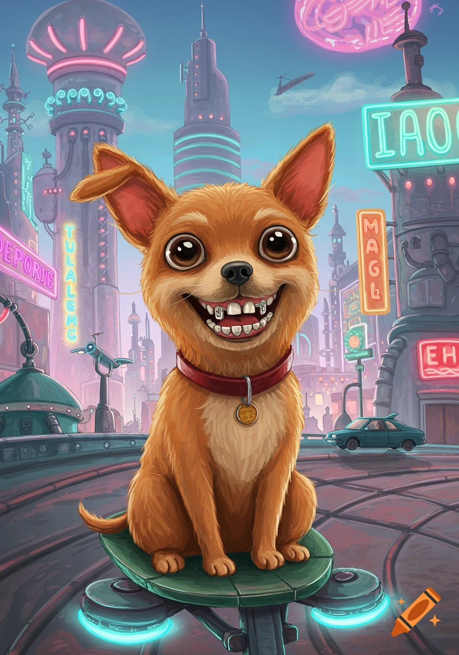 A smiling, cute chihuahua dog with dentures sits on a futuristic platform in a neon-lit city, in a cartoon style reminiscent of Futurama.
