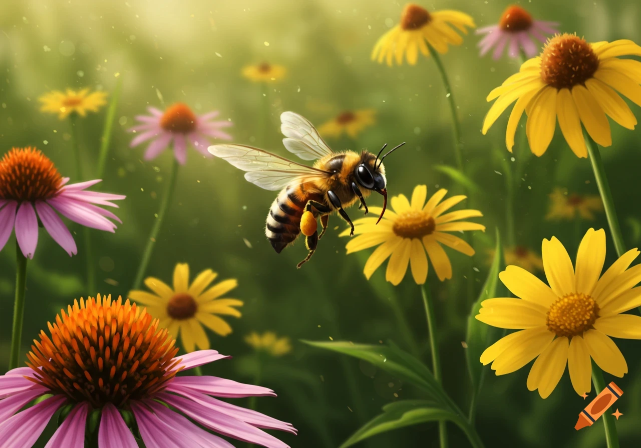 A close-up of a bee flying among colorful purple and yellow flowers in a sunlit field, photorealistic style.