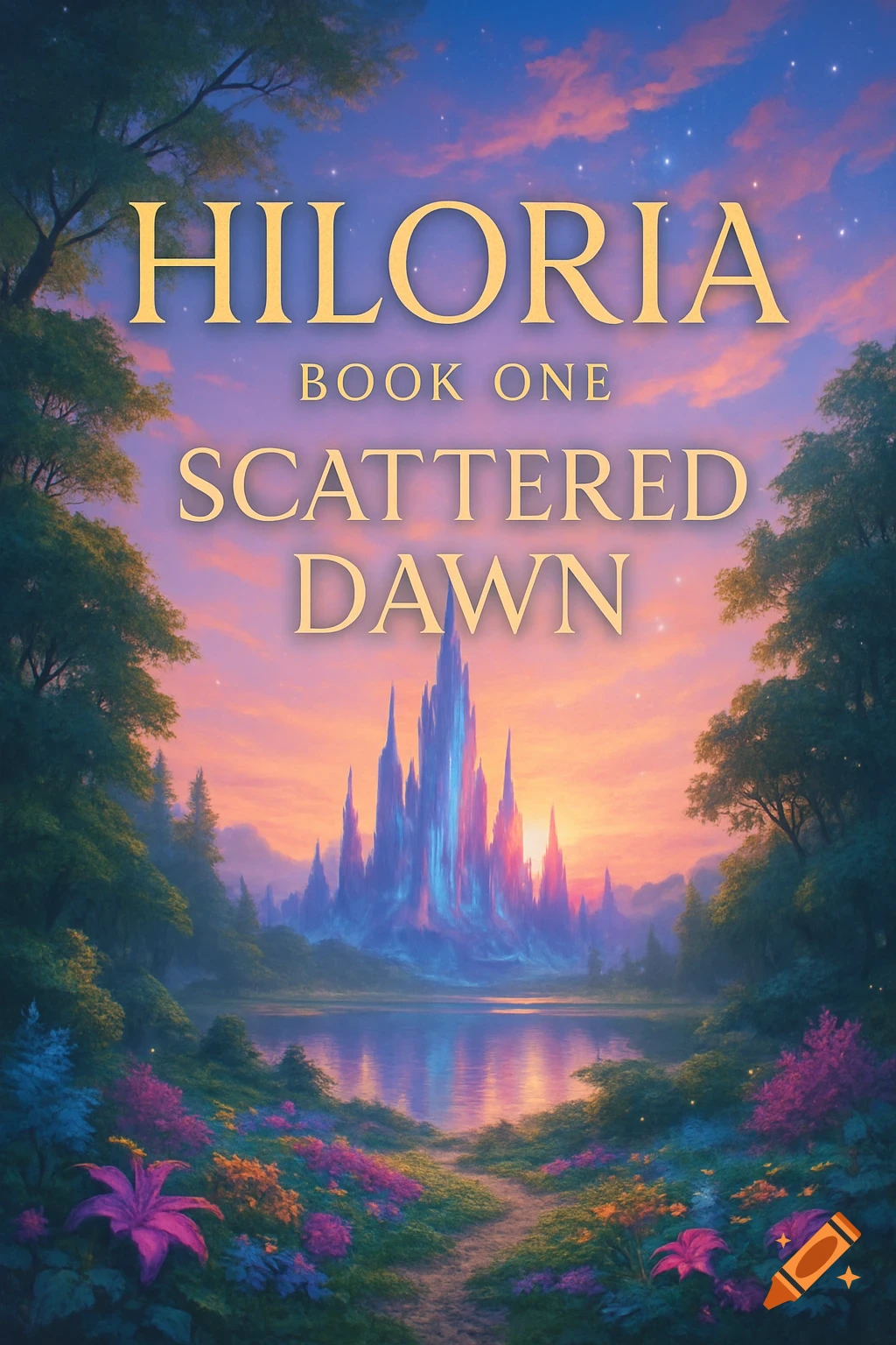 Fantasy book cover with a glowing castle, lake, and flowers under a twilight sky. Text: 'HILORIA BOOK ONE SCATTERED DAWN'.