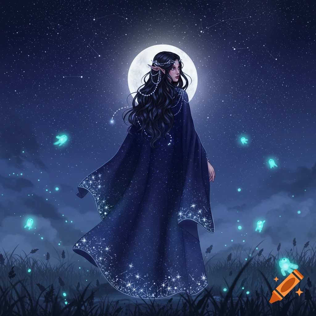 An elf-like woman in a star-studded cloak stands under a full moon and starry night sky, with glowing blue spirits in tall grass.