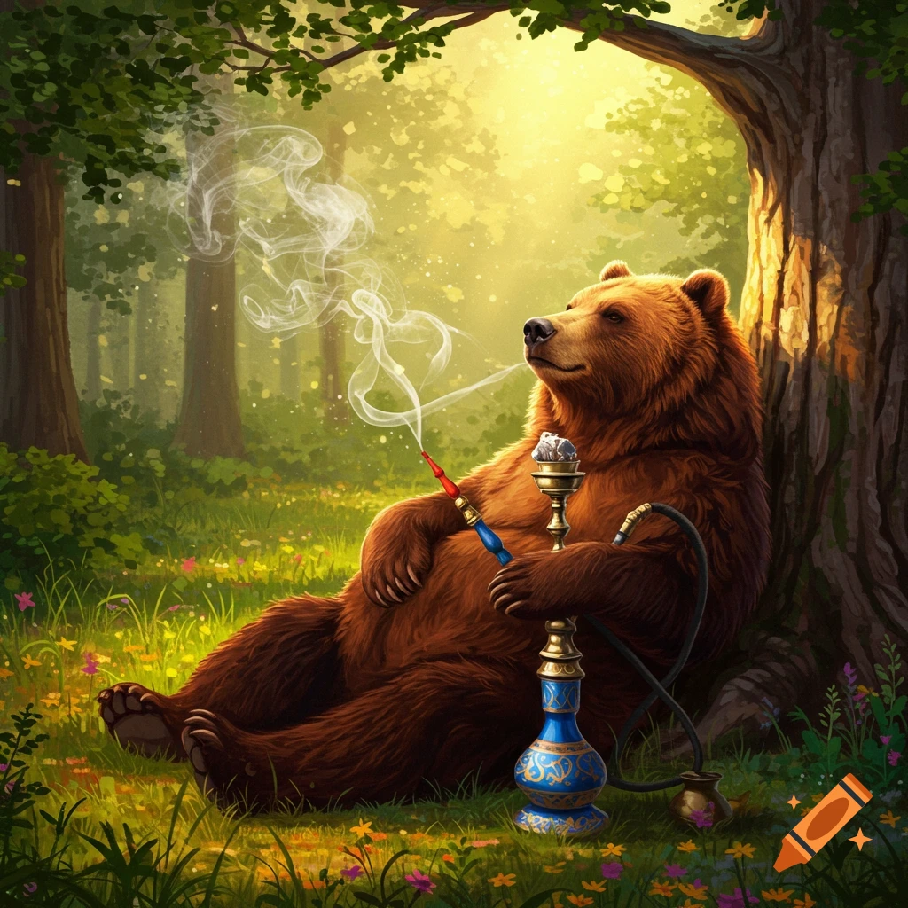 A large brown bear sits relaxed under a sunlit tree in a forest, smoking a blue and gold hookah.