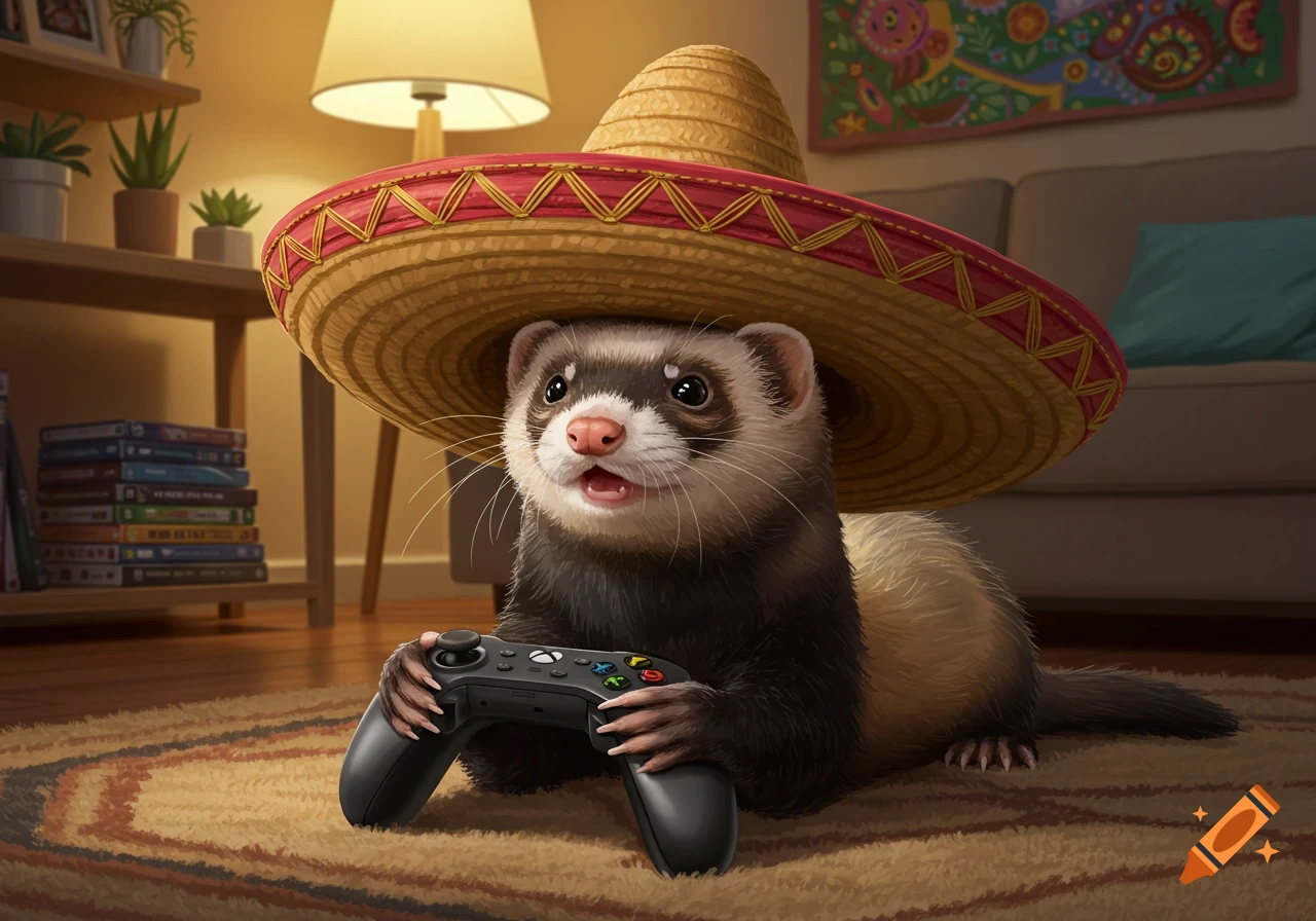 A cute ferret wearing a sombrero plays a video game with an Xbox controller on a patterned rug in a living room.