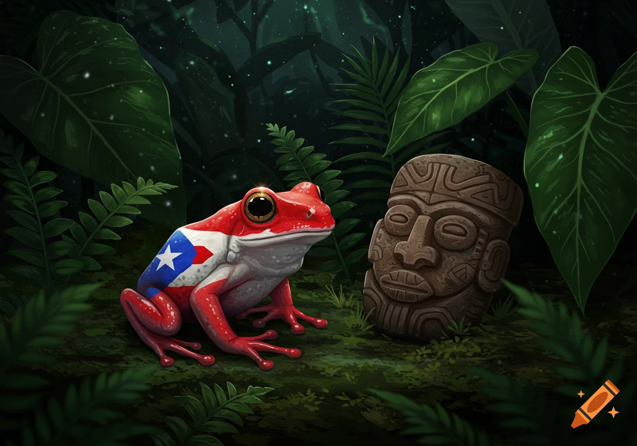 A vibrant red frog with the Puerto Rican flag pattern on its back sits next to a stone Cemi idol in a dark, lush jungle illustration.