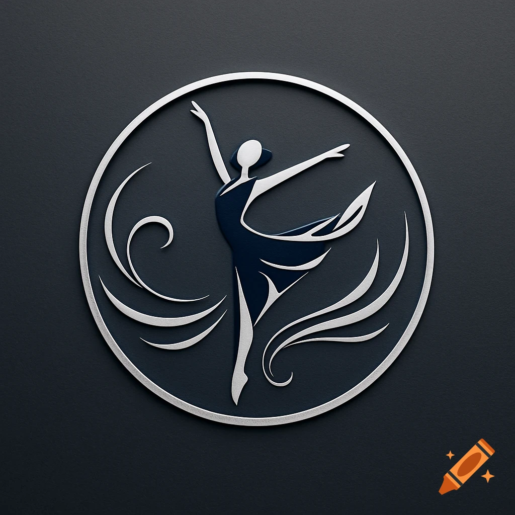 Stylized silver and blue dancer logo in a circular frame on a dark background.