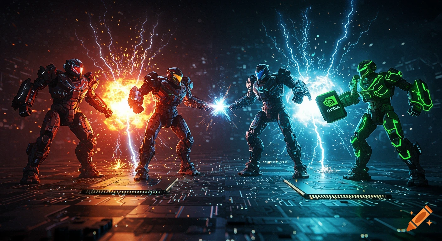 Four armored futuristic warriors, two in red/orange and two in blue/green, battle on a circuit board battlefield with energy blasts. A green warrior holds a shield with an NVIDIA logo.