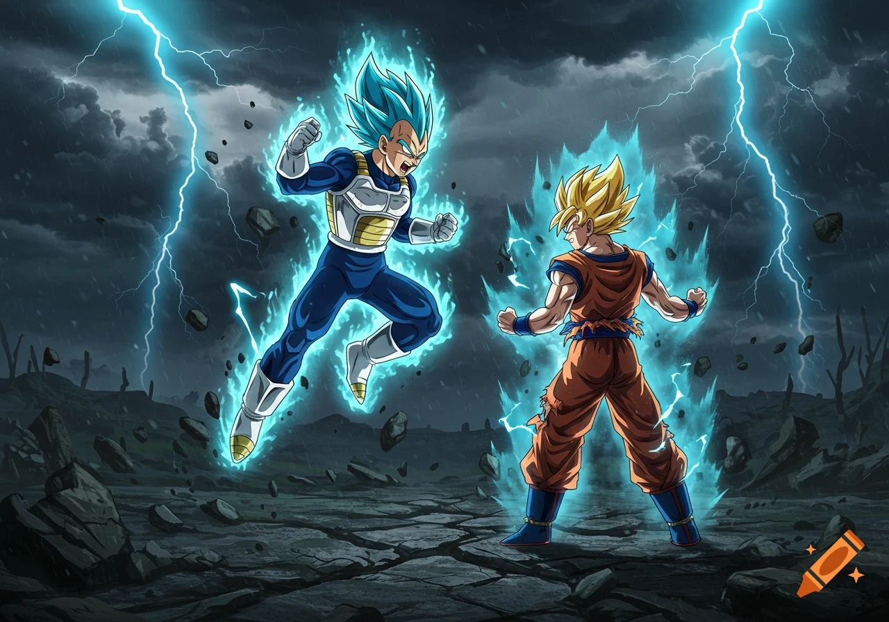 Goku and Vegeta power up with blue and gold aura, lightning striking in a dark, rocky landscape in anime style.