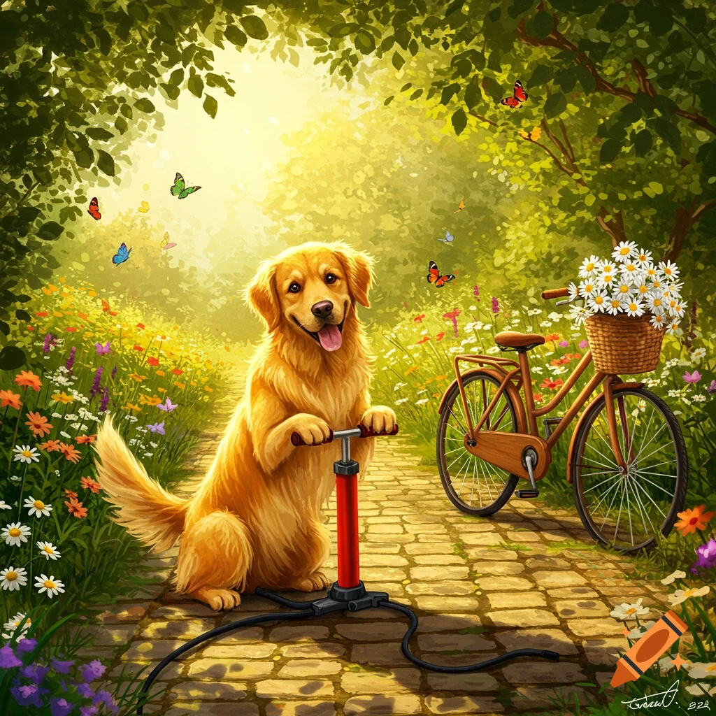 A golden retriever dog pumps a bicycle tire on a sunny path in a vibrant, flowery forest, next to a bike.
