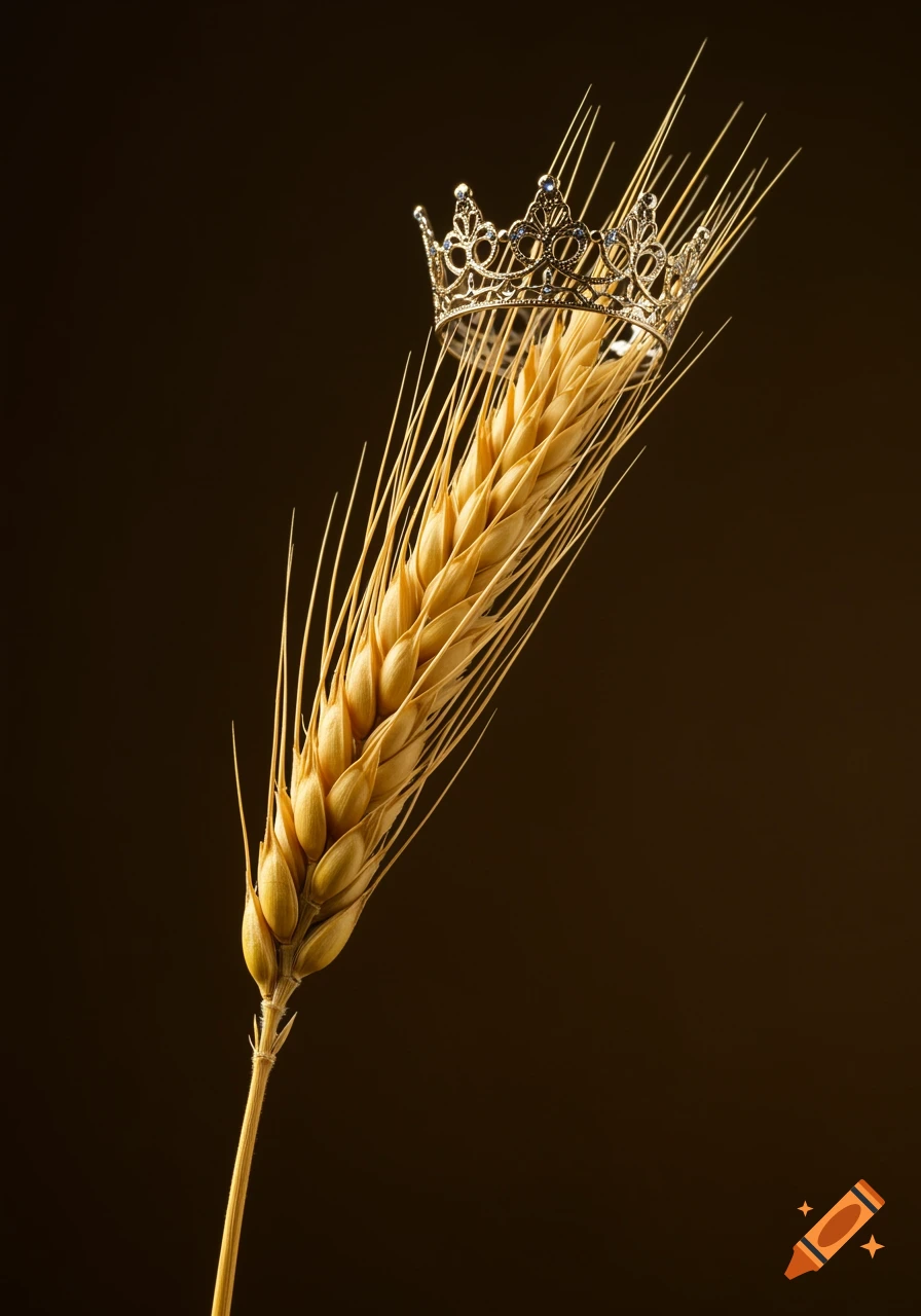 Photorealistic close-up of a golden ear of barley adorned with a delicate silver crown, against a dark background.