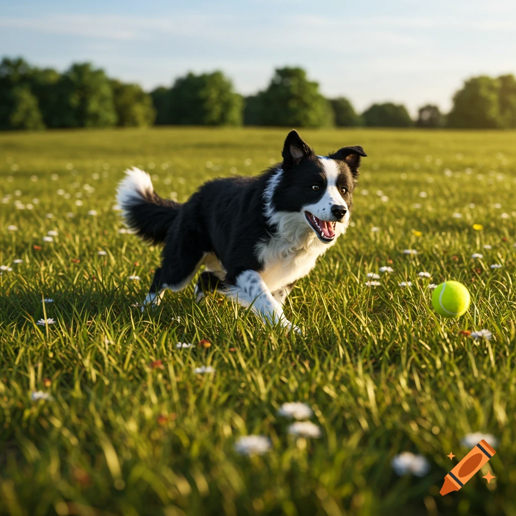 A black and white Border Collie dog runs through a grassy field with white flowers toward a tennis ball, bathed in sunlight.