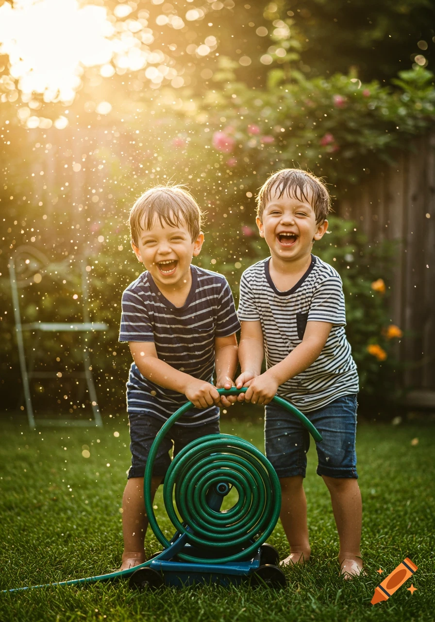 Two young boys, possibly brothers, laugh joyfully while playing with a green garden hose in a sunlit backyard with water droplets.