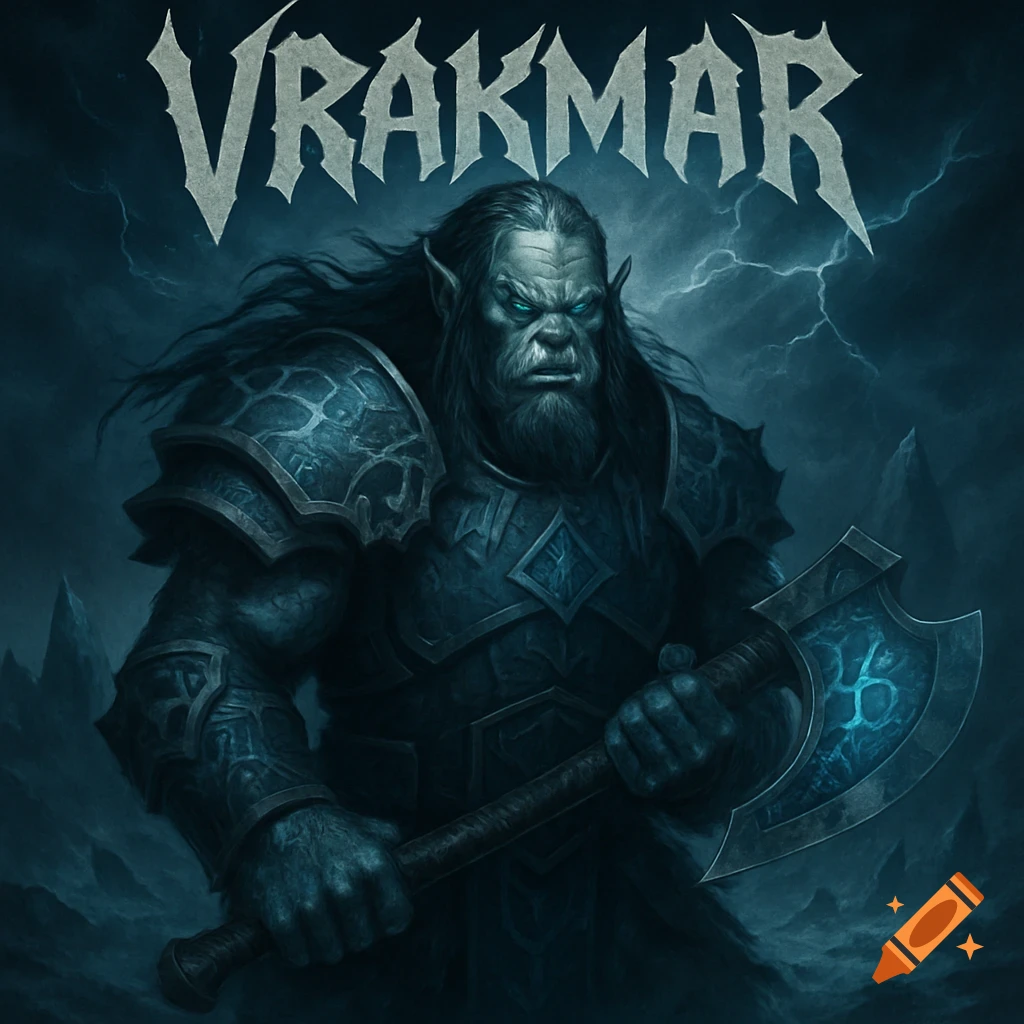 An imposing orc Death Knight in frost-themed armor with glowing blue eyes holds a large axe, against a stormy sky. The band name "Vrakmar" is at the top.