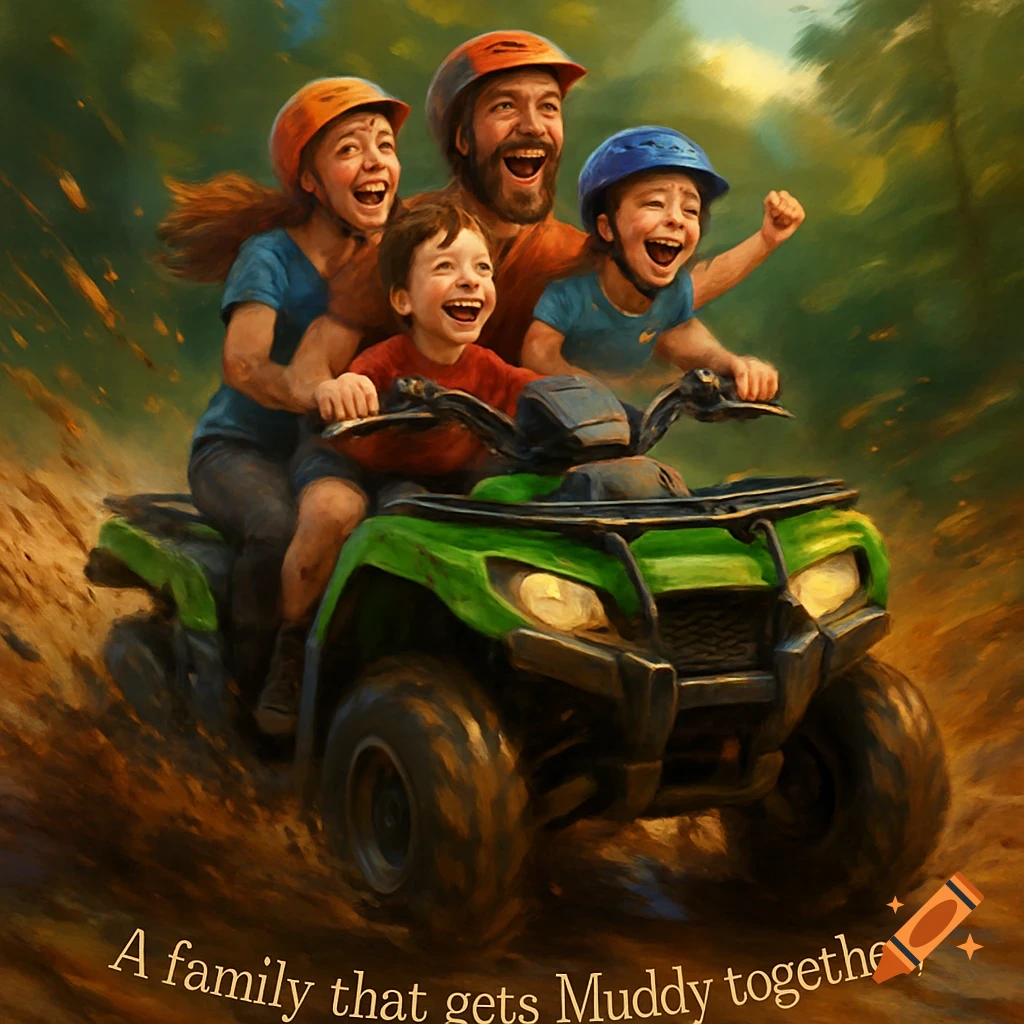 A family with two children joyfully rides a green ATV through a muddy trail. The image has a painterly style.