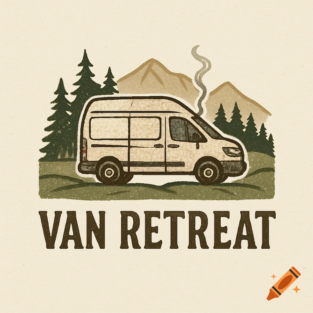 A rustic illustration of a white camper van with trees and mountains in the background, text below reads "VAN RETREAT".