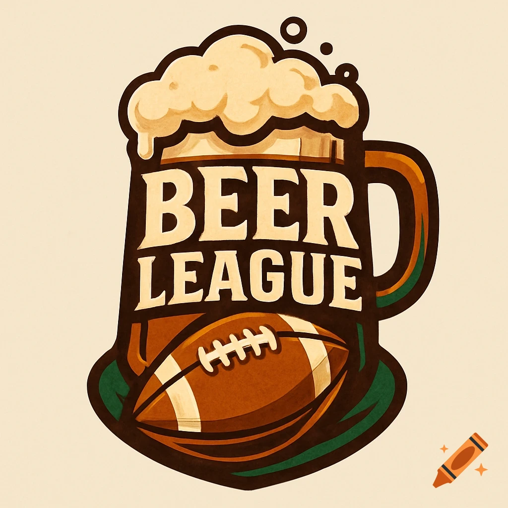 A stylized logo featuring a beer mug with foam, a brown football, and the text BEER LEAGUE in bold letters.