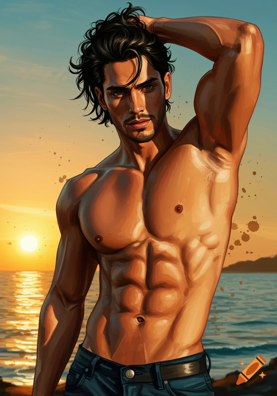 A muscular man with black hair poses shirtless on a beach at sunset, depicted in a digital art style.