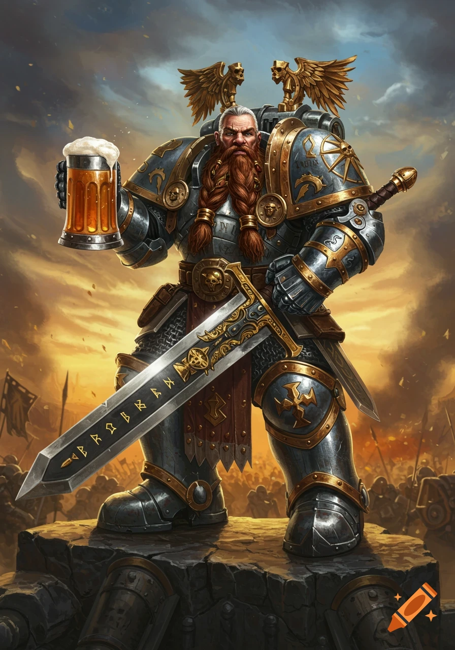 A heavily armored dwarven paladin, in Warhammer 40k Space Marine style, holds a beer mug and a large sword at sunset.