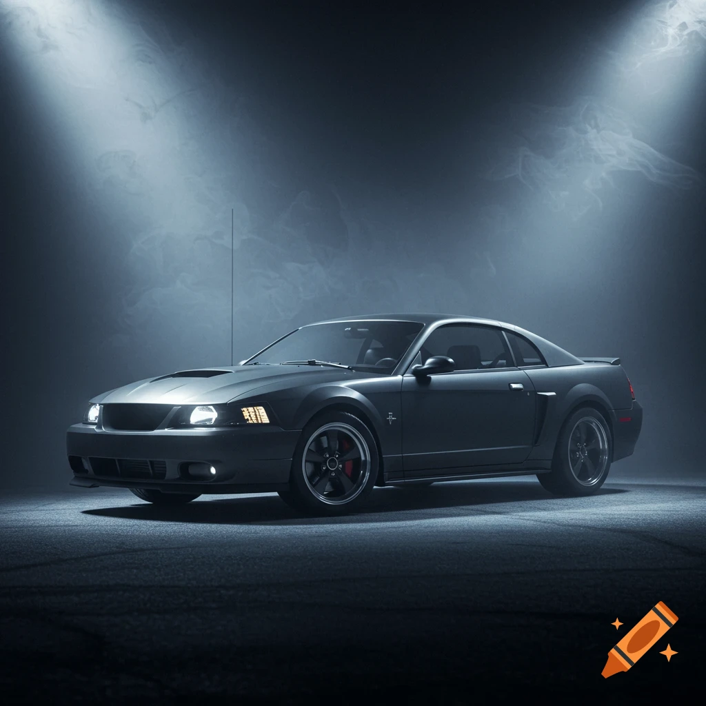 A dark gray 2004 Ford Mustang Bullitt sports car parked in a dimly lit, smoky studio with spotlights. Photorealistic.